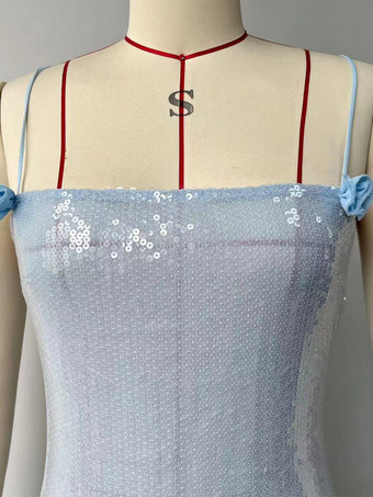 ブルーのスパンコールボディコンシアーロングスリップドレス（フリルハイスリット入り）2025