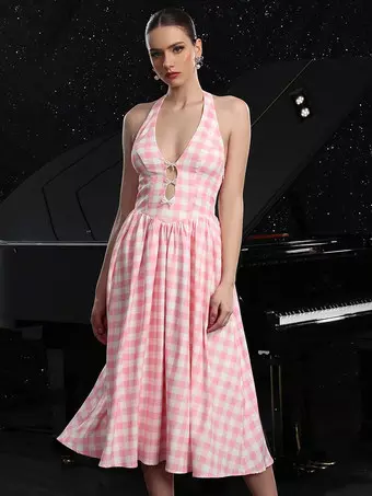 Vestido midi de cuadros vichy rosa suave con escote en V cuello