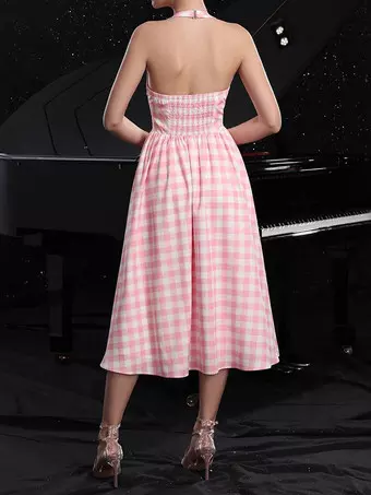 Vestido midi de cuadros vichy rosa suave con escote en V cuello