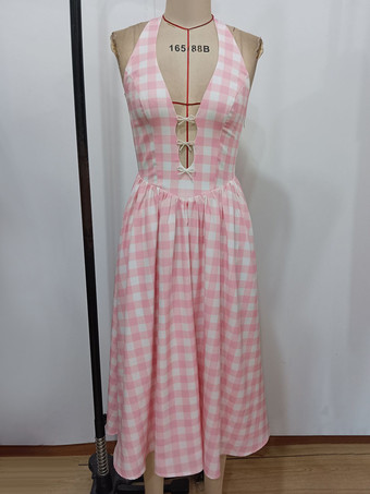 ソフトピンクのギンガムチェックVネックミディドレス（ホルターネック、バックシャーリング）2025