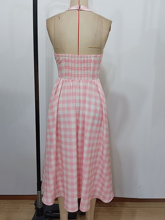 ソフトピンクのギンガムチェックVネックミディドレス（ホルターネック、バックシャーリング）2025