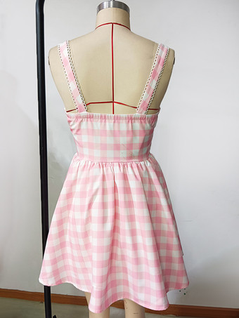 ソフトピンクのギンガムチェック柄ノースリーブミニドレス（スウィートハートネックライン）2025