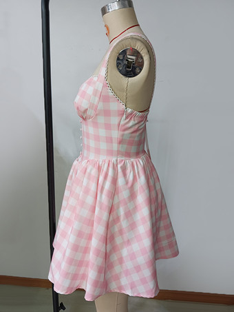 ソフトピンクのギンガムチェック柄ノースリーブミニドレス（スウィートハートネックライン）2025