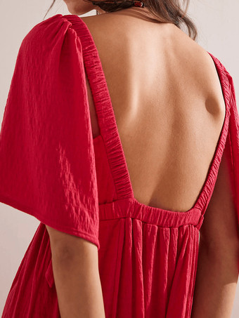 Vネックと半袖のオープンバックマキシボヘミアンドレス 2025