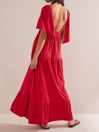 Vネックと半袖のオープンバックマキシボヘミアンドレス 2025