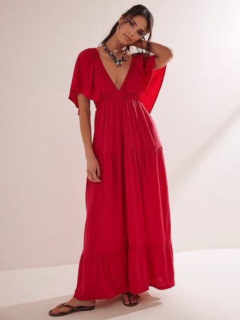 レッド Vネックと半袖のオープンバックマキシボヘミアンドレス 2025