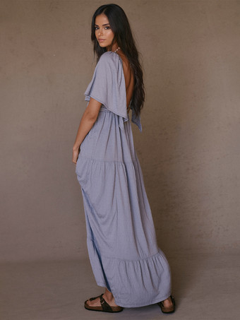 Vネックと半袖のオープンバックマキシボヘミアンドレス 2025