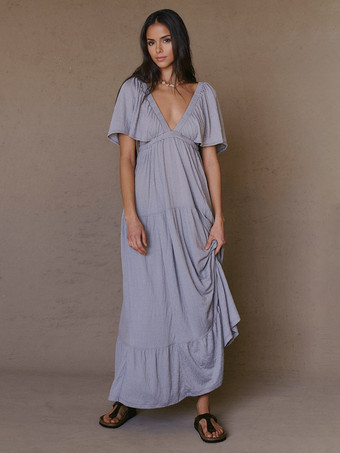 パープル Vネックと半袖のオープンバックマキシボヘミアンドレス 2025