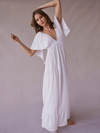 Vネックと半袖のオープンバックマキシボヘミアンドレス 2025