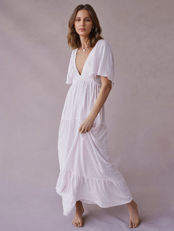 ホワイト Vネックと半袖のオープンバックマキシボヘミアンドレス 2025