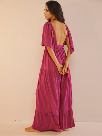 Vネックと半袖のオープンバックマキシボヘミアンドレス 2025