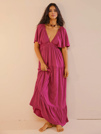 ローズレッドVネックと半袖のオープンバックマキシボヘミアンドレス 2025