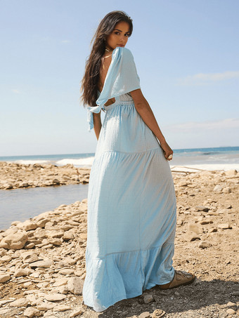 Vネックと半袖のオープンバックマキシボヘミアンドレス 2025