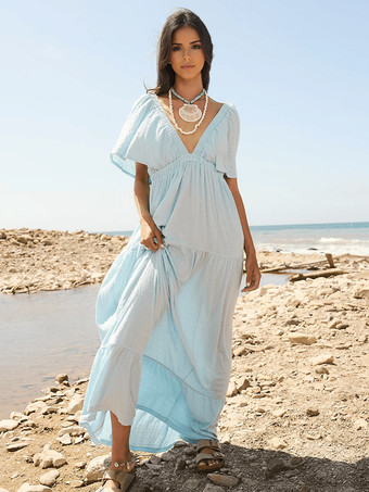 ライトスカイブルーVネックと半袖のオープンバックマキシボヘミアンドレス 2025