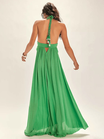 ホルターネックのマキシ丈ボヘミアンドレス（プランジVネック、ハイスリット入り）2025