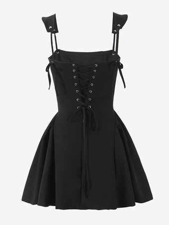 レースアップバックのブラックストラップフレアミニドレス 2025
