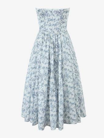 2025年のパーティーにぴったりな花柄ストラップレスフレアミディドレス