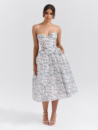 ブルー 2025年のパーティーにぴったりな花柄ストラップレスフレアミディドレス