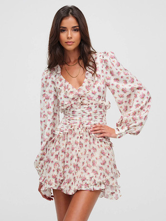 ピンク2025年夏にぴったりのピンクの花柄Vネック長袖ミニドレス