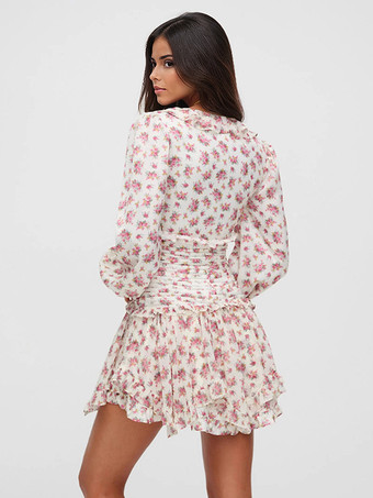 2025年夏にぴったりのピンクの花柄Vネック長袖ミニドレス