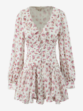 2025年夏にぴったりのピンクの花柄Vネック長袖ミニドレス