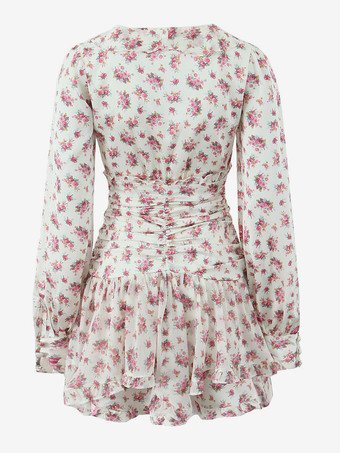 2025年夏にぴったりのピンクの花柄Vネック長袖ミニドレス