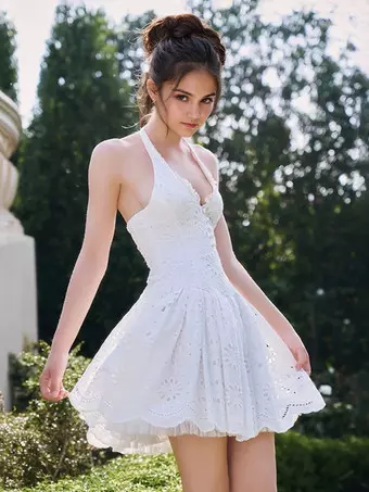 White Halter Neck Mini Dress With Lace-up Back 2026 - Milanoo.com