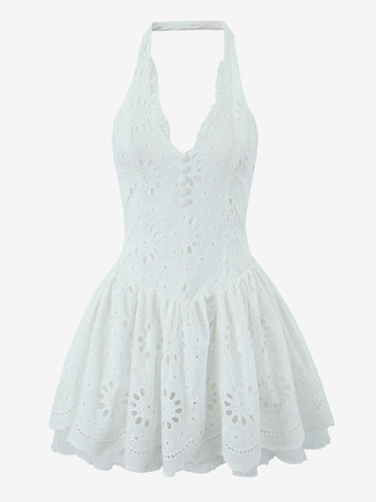 レースアップバックのホワイトホルターネックミニドレス 2025