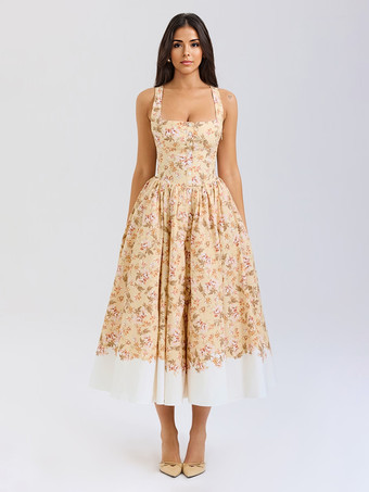 アプリコットスクエアネックのヴィンテージフローラルプリントミディドレス 2025