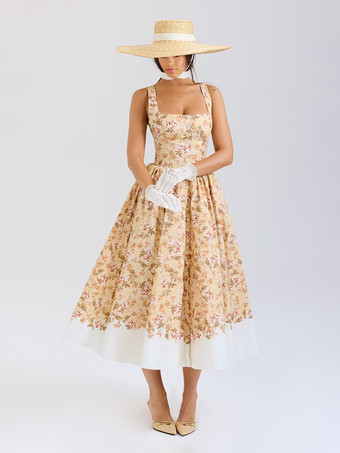 スクエアネックのヴィンテージフローラルプリントミディドレス 2025