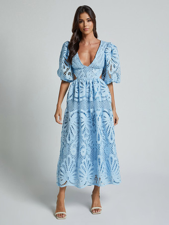 ライトスカイブルーパフスリーブレースロングドレス（レディース）2025