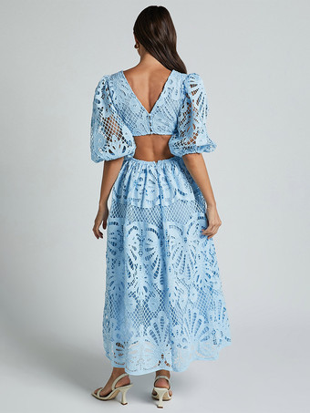 パフスリーブレースロングドレス（レディース）2025