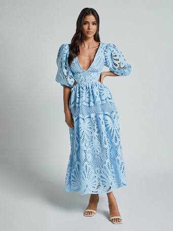 パフスリーブレースロングドレス（レディース）2025