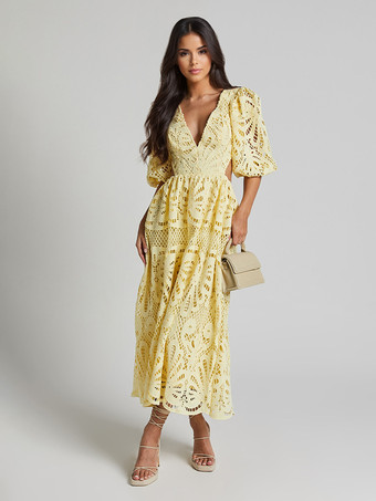 ベージュパフスリーブレースロングドレス（レディース）2025