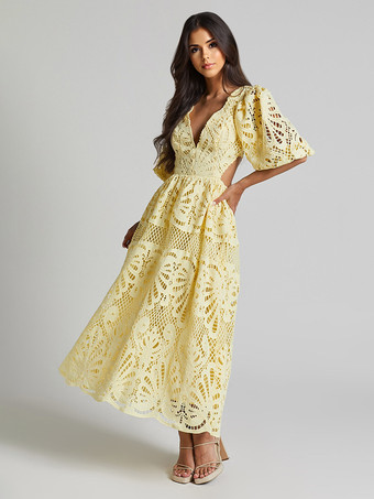 パフスリーブレースロングドレス（レディース）2025