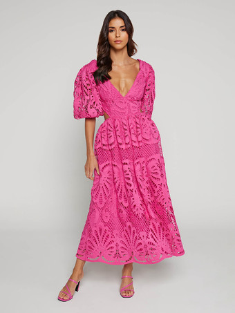 ローズレッドパフスリーブレースロングドレス（レディース）2025