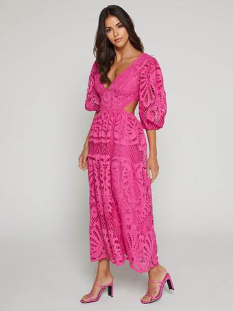 パフスリーブレースロングドレス（レディース）2025