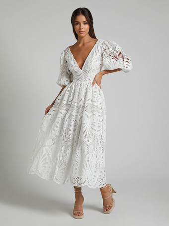 ホワイト パフスリーブレースロングドレス（レディース）2025