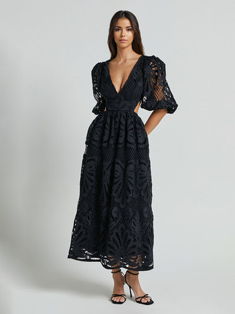 ブラック パフスリーブレースロングドレス（レディース）2025