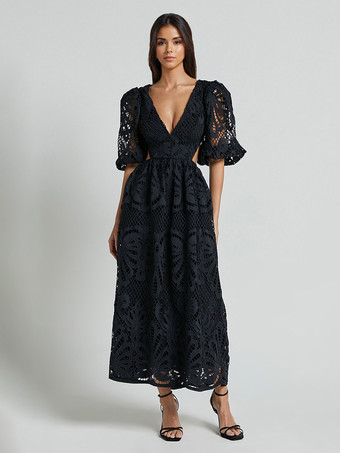 パフスリーブレースロングドレス（レディース）2025