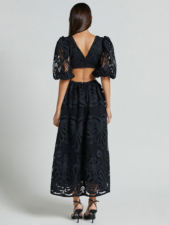 パフスリーブレースロングドレス（レディース）2025