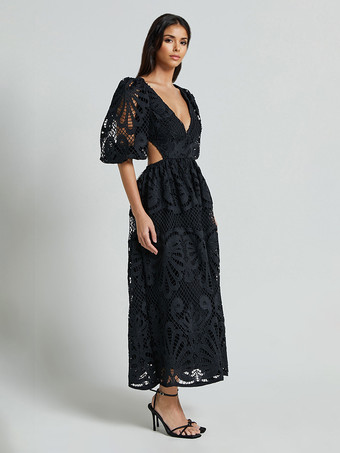 パフスリーブレースロングドレス（レディース）2025