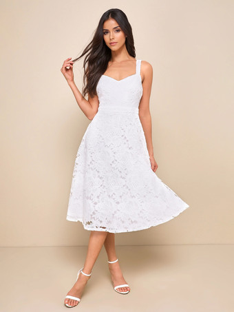 ホワイト 2026年夏向けノースリーブレースAラインミディドレス