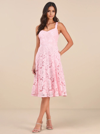 ピンク2026年夏向けノースリーブレースAラインミディドレス