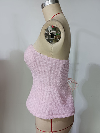 フレアヘムとレースアップバックのピンクフラワービスチェトップス 2025