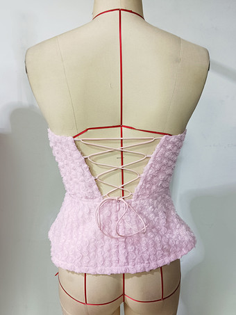 フレアヘムとレースアップバックのピンクフラワービスチェトップス 2025