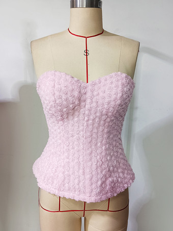 フレアヘムとレースアップバックのピンクフラワービスチェトップス 2025