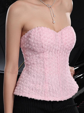 フレアヘムとレースアップバックのピンクフラワービスチェトップス 2025