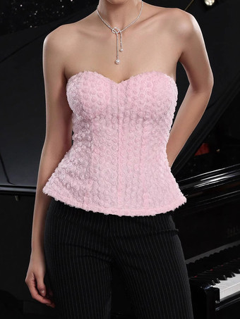 フレアヘムとレースアップバックのピンクフラワービスチェトップス 2025