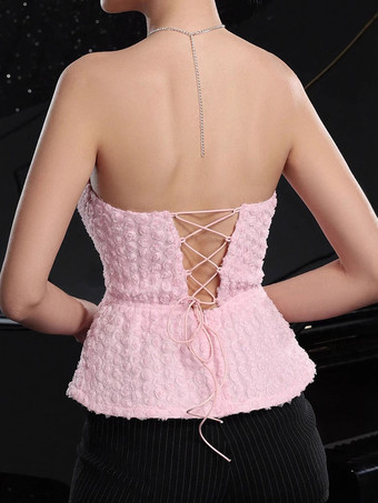 フレアヘムとレースアップバックのピンクフラワービスチェトップス 2025